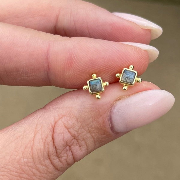 Mini Stud Earrings Gold Labradorite Micro Studs Little Square Studs, Minimalist Geometric Earrings, Unusual Tiny Earrings, Everyday Earring