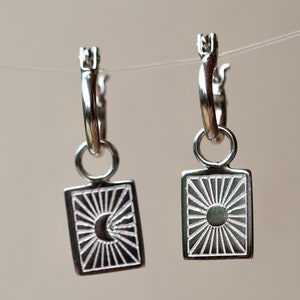 Silver Mini Hoop Earrings Sun and Moon Small Hoops Dainty Everyday Jewelry Tiny Sterling Silver Mismatch Hoops with Detachable Charms Cosmic