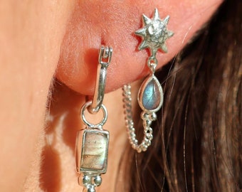 Labradorit Ohrstecker Sun Silber Schmuck Handgemachte einzigartige Ohrringe Geschenke für sie Grüner Stein Bolzen vorne nach hinten Kette kosmischen Schmuck
