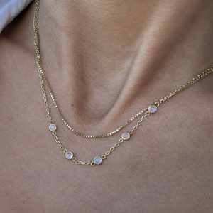 Cleo 14K Gold Rainbow Moonstone Necklace, Gold Plated Jewelry, Multi Strand Necklace, Gold Moonstone Double Chain Gemstone Necklace