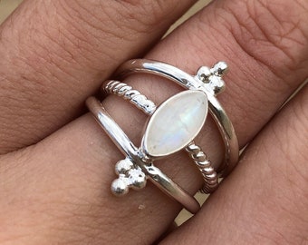 Triple Band Silver Moonstone Ring Statement Three Band Ring Hand made Rainbow Moonstone Ring June Birthstone Jewelry Gifts Moon Stone  Pixie