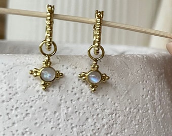 Annika Mini 14K Gold Plated Sterling Silver  Rainbow Moonstone Hoop Earrings, Small Moonstone Hoops, Dainty Everyday Hoops, Gift for her
