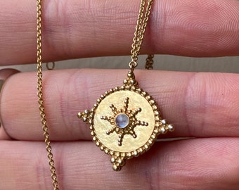 Isabelle 14K Gold plated Sterling Silver Rainbow Moonstone Sun Pendant Necklaces, Gift for Friends, Gold Medallion necklace, Cosmic Necklace