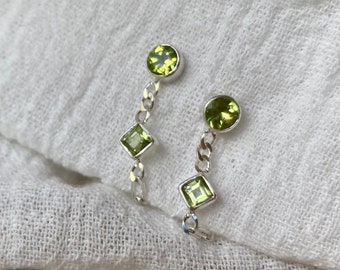 Ada Sterling Silver Green Peridot Studs, Leo Birthstone, Front to Back Chain Drop Earrings, August Birth Stone Studs,