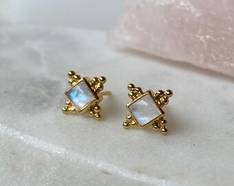 Ariella Tiny 14K Gold Studs with Rainbow Moonstone, Boho Studs. Bohemian Jewellery for Women, Everyday Jewelry Silver