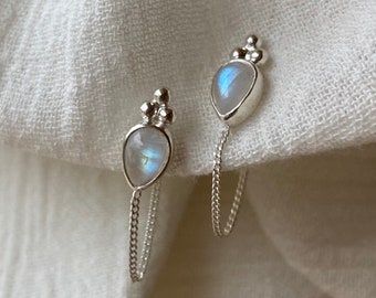 Ophelia Tear Sterling Silver Rainbow Moonstone Studs, Silver Wrap Around Earrings. Front to back Studs, Rainbow Moonstone, June Birthstone