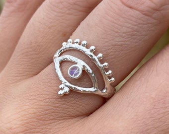 Eye of Protection Sterling Silver Ring, Eye Ring, Silver Protection Jewelry, Silver Moonstone Jewelry, Protection, Moon Stone Jewelry