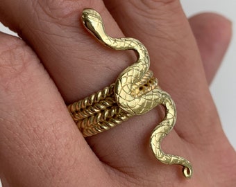 Serpent 14K Gold Plated Sterling Silver Statement Ring, Gold Snake Ring, Gold Unisex Ring Snake, Handmade Serpent Ring, 14K Gold Rings