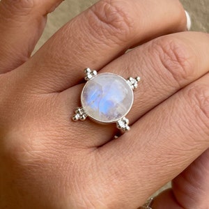 Full Moon Sterling Silver Rainbow Moonstone Ring, Large Round Silver Moonstone Ring,  Large Chunky Statement Rings, June Birthstone Jewelry