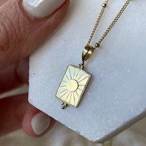 Radiating Sun 14K Gold Plated Sterling Silver Rectangle Necklace, Dainty Gold Sun on Ball Chain, Adjustable Gold Layering Necklace,