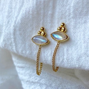 Ophelia Eye 14K Gold Plated Rainbow Moonstone Studs, Gold Moonstone Eye Shaped Wrap Around Studs, June Birthstone, Gold Studs with Chains