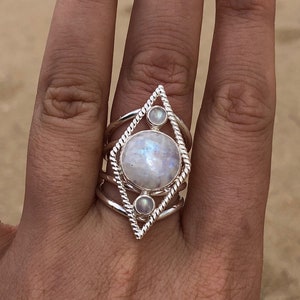 Vartamana Sterling Silver and Rainbow Moonstone Chunky Statement Ring, Large Silver Rings, Large Moonstone Jewelry, June Birthstone Jewelry