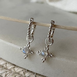 Annika Mini Hoop Earrings, Small Moonstone Hoops, Dainty Everyday Hoops, June Birthstone Jewelry, Gifts for her, Tiny Silver Hoops, Huggies