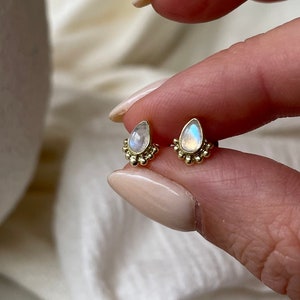 Amaya 14K Gold Plated Sterling Silver Rainbow Moonstone Studs, Small Moonstone Studs, Tiny Gold Pear Shaped Stud Earrings, Everyday Studs