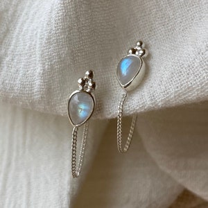 Ophelia Tear Sterling Silver Rainbow Moonstone Studs, Silver Wrap Around Earrings. Front to back Studs, Rainbow Moonstone, June Birthstone