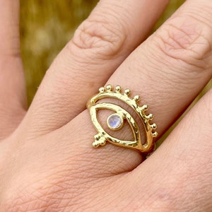 Gold Eye of Protection Ring, 14K Gold Plated Eye Ring, Gold Protection Jewelry, Gold Eye of Ra, Gold Moonstone Jewelry, 14K Gold Ring