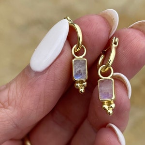 Lia 14K Gold Rainbow Moonstone Mini Hoop Earrings, Gold Plated Small Moonstone Hoops, Dainty Everyday Tiny Gold Hoops, Moonstone Huggies