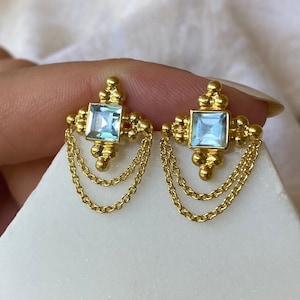 Chloe 14K Gold Plated Sterling Silver Blue Topaz Stud Earrings, December Birthstone, Gemstone Earrings, Blue Topaz, Birthstone Jewelry