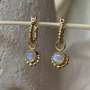 Equilibrium Gold Plated Sterling Silver Rainbow Moonstone Hoops, Gemstone Hoop Earrings,  Boho Hoop Earrings, Moonstone Jewelry,