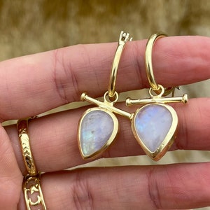 Indra Gold Hoops, Rainbow Moonstone Earrings, Moonstone Drop Earrings, Gold Boho Dangle Earrings, Moonstone Hoop Earrings, Gift for her