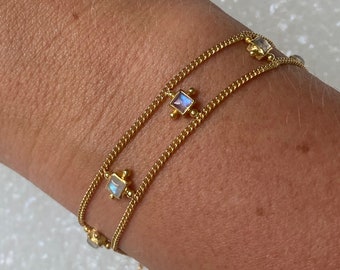Riri 14K Gold Plated Rainbow Moonstone Delicate Bracelet, Fine Dainty Gold Moonstone Bracelet, June birthstone, Semi precious stone bracelet