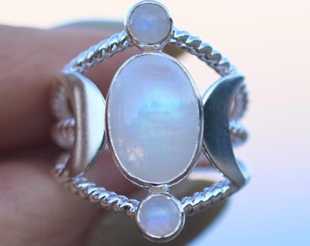Triple Goddess Moonstone Ring Sterling Silver Moonstone Statement Ring Silver Goddess Jewelry Moon Ring June Birthstone Gifts Jewelry Raina