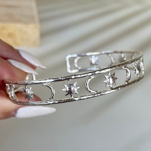 Comsic Lover Sterling Silver Bangle, Bracelet with Sun and Moons, Celestial Jewelry, Hand Made Sun and Moon Silver Bangle, Adjustable Cuff
