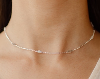 Mila Delicate Sterling Silver Rainbow Moonstone Choker Necklace, Silver Moonstone Choker Beaded Necklace, June  Birthstone Jewelry,