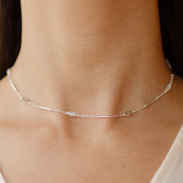 Mila Delicate Sterling Silver Rainbow Moonstone Choker Necklace, Silver Moonstone Choker Beaded Necklace, June  Birthstone Jewelry,