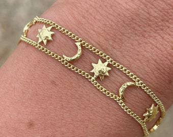 Luminate 14K Gold Plated Sterling Silver Bracelet, Womens Gold Delicate Bracelet with Moon and Suns , Gold Boho Bracelet, Fine Jewelry