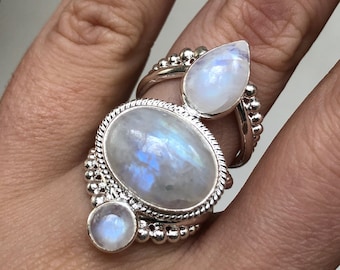 Amalthea Ring, Chunky Sterling Silver Rainbow Moonstone Ring, Sterling Silver Statement Ring, Large Moonstone Ring, June Birthstone Jewelry