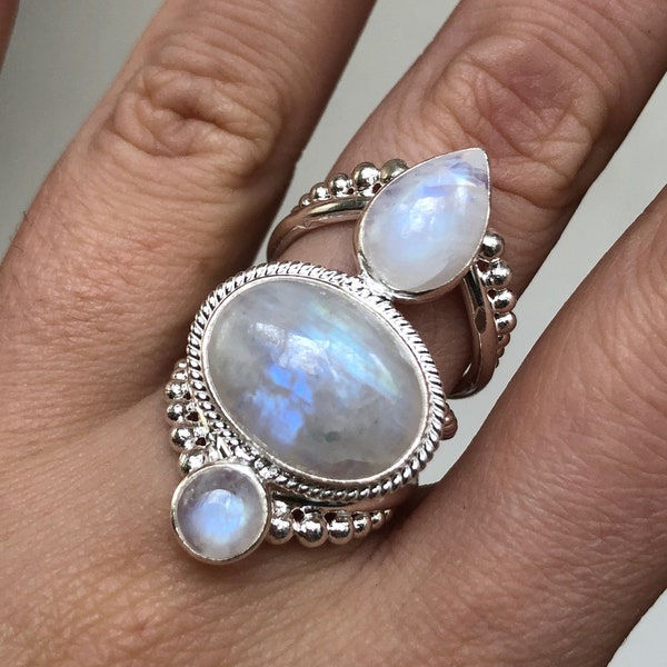 Amalthea Ring, Chunky Sterling Silver Rainbow Moonstone Ring, Sterling Silver Statement Ring, Large Moonstone Ring, June Birthstone Jewelry