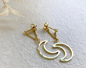Luna Chain Earrings, Witchy Best Friend Gift, Cute Moon Phase Earrings, Sterling 14K Gold Vermeil Dangle Earrings, Crescent Moon Jewelry