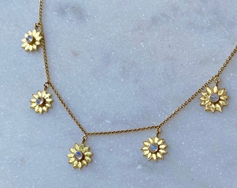 Sunflower 14K Gold Plated Sterling Silver Rainbow Moonstone Necklace, Floral Moonstone Necklace, Wedding Jewelry, Gold Flower Charm Choker
