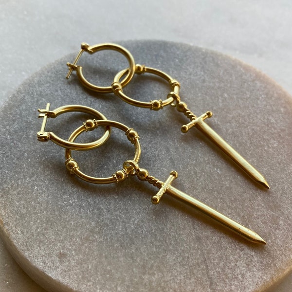 Two of Swords 14K Gold Plated Sterling Silver Hoop Earrings, Womens Dagger Earrings with Hoops, Gold Hoops with Daggers, Sword Jewelry,