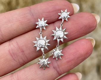 Pendientes de sol de plata Pendientes de triple sol de plata esterlina con tachuelas celestiales Pendientes de plata con dijes Joyas de boda Pendientes colgantes celestiales largos: Rayo de sol