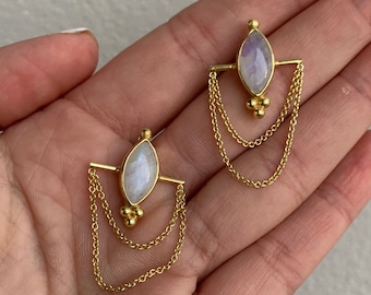 Kali Cat Eye 14K Gold Double Chain Rainbow Moonstone Studs, Gold Dangling Moonstone Earrings, June Birthstone Jewelry, Wedding Jewelry