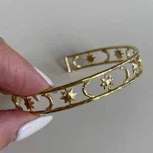 Cosmic Lover 14K Gold Bangle, Womens Gold Bangle with Moon and Suns, Gold Boho Bracelet, Gold Celestial Jewelry, Gold Adjustable Bangle Cuff