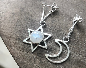 Star and Moon chain Sterling Silver Rainbow Moonstone Dangling Studs, Sun and Moon Mismatch Earrings, Silver Moonstone Stud, June Birthstone