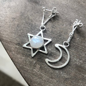 Star and Moon chain Sterling Silver Rainbow Moonstone Dangling Studs, Sun and Moon Mismatch Earrings, Silver Moonstone Stud, June Birthstone