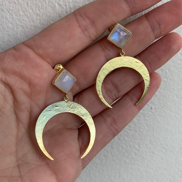 Lune Earrings 14K Gold Plated Sterling Silver and Rainbow Moonstone Earrings, Upside down Moon Phase Earrings, Moon Priestess Jewelry Gift