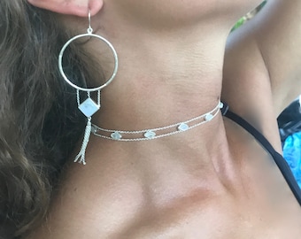 Maya Delicate Sterling Silver and Rainbow Moonstone Choker Necklace, Silver Moonstone Necklace, Silver Choker Necklace, June  Birthstone