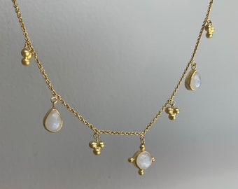 Morning Star Rainbow Moonstone 14K Gold Plated Sterling Silver Delicate Charm Necklace, Gifts for Bridesmaids, Handmade Womens Gold Necklace