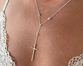 Ace of Swords Sterling Silver and Rainbow Moonstone Necklace Sword Necklace, Sword Amulet, Silver Sword Pendant, Sword Jewelry