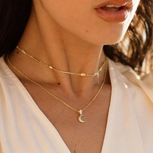 La Luna 14K Gold necklace, Tiny Gold Crescent Moon Jewelry, Fine Dainty Gold Moonstone Necklace, Minimal moon necklaces, Moonstone Necklace image 1