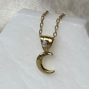 La Luna 14K Gold necklace, Tiny Gold Crescent Moon Jewelry, Fine Dainty Gold Moonstone Necklace, Minimal moon necklaces, Moonstone Necklace image 2