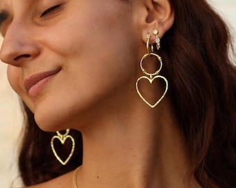 Large Gold Heart Earrings Dangle Heart Statement Hoops Drop Earrings Gifts for Her Bridal Heart Jewelry 14K Gold Vermeil Earring Valentines