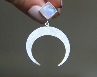 Lune Earrings Sterling Silver and Rainbow Moonstone Earrings, Crescent Moon Earrings, Large Elegant Statement Moon Earrings, June Birthstone