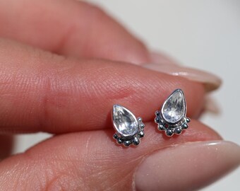 Mini Stud Earrings Silver Pear Shaped White Topaz Jewelry Tiny Teardrop Studs for Seconds Small White Stone Earrings Multiple Piercing Studs