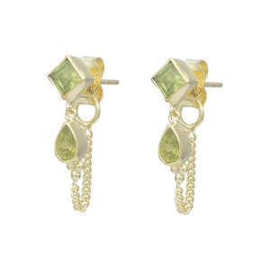 Green and Gold Drop Earrings for Seconds Peridot Earrings Wrap Around Chain Earrings 14K Gold Vermeil Dangling August Birthstone Jewelry
